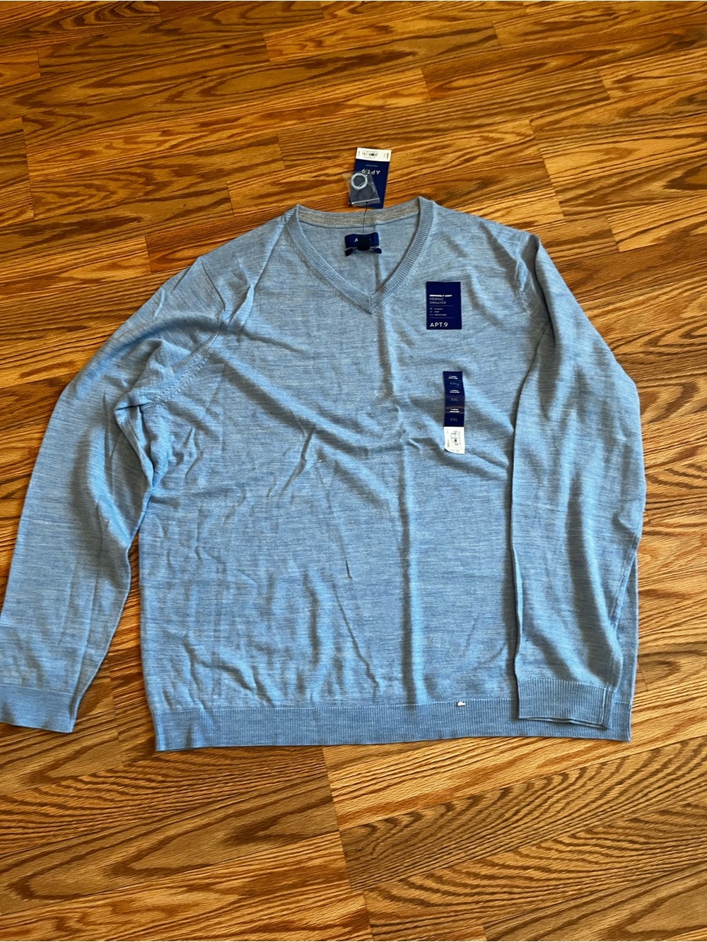 Apt 9 NWT Mens Merino Wool XXL Long Sleeve V-neck Pullover Knit Sweater SKY BLUE